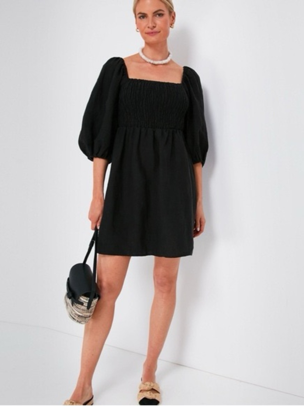 Tuckernuck Annie Mini Dress Women’s Black Linen Smocked Puff Sleeve